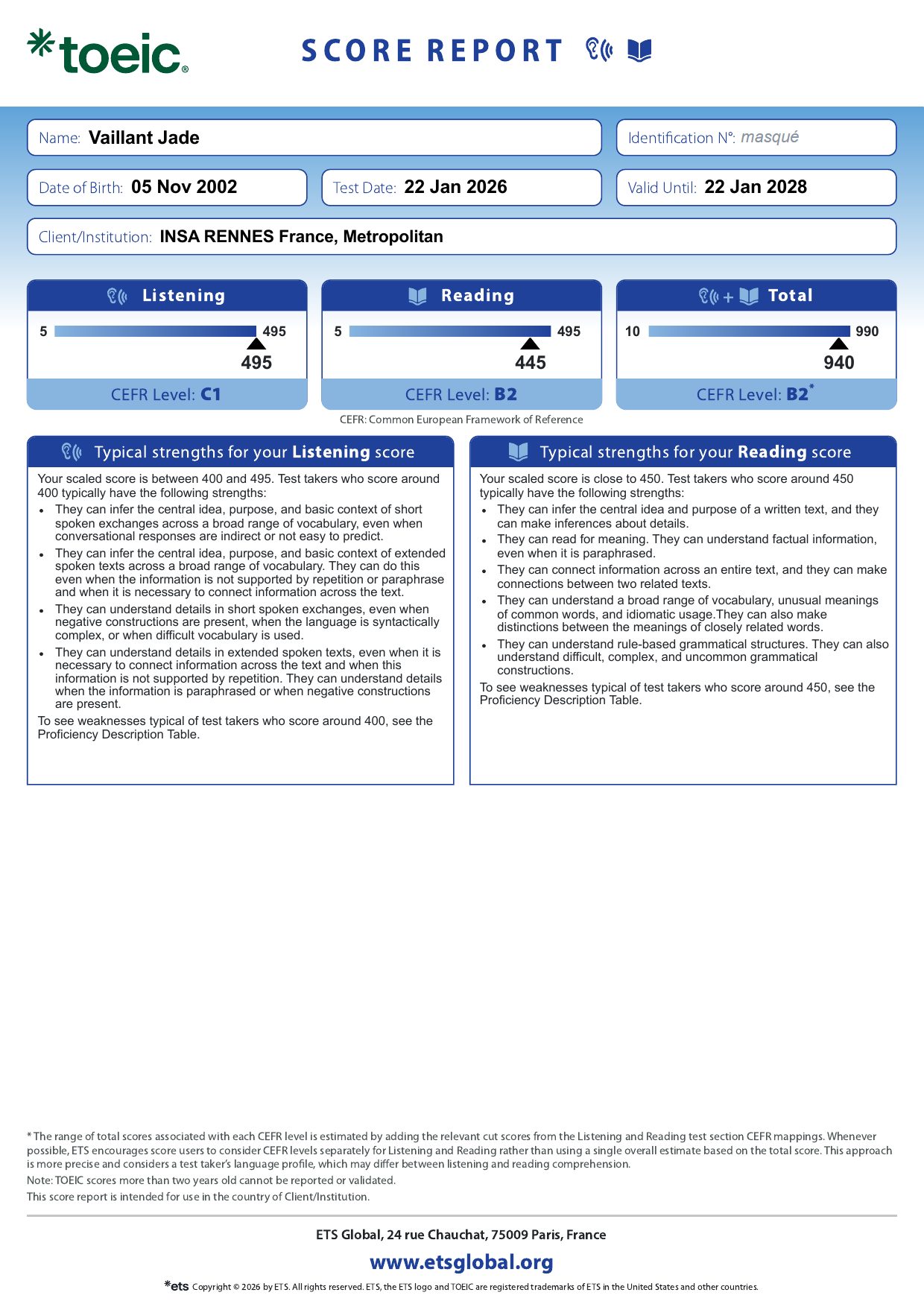 Relevé de scores TOEIC de Jade Vaillant, test du 22 janvier 2026 : 495 en compréhension orale (niveau C1), 445 en compréhension écrite (B2), total 940 sur 990 (B2).