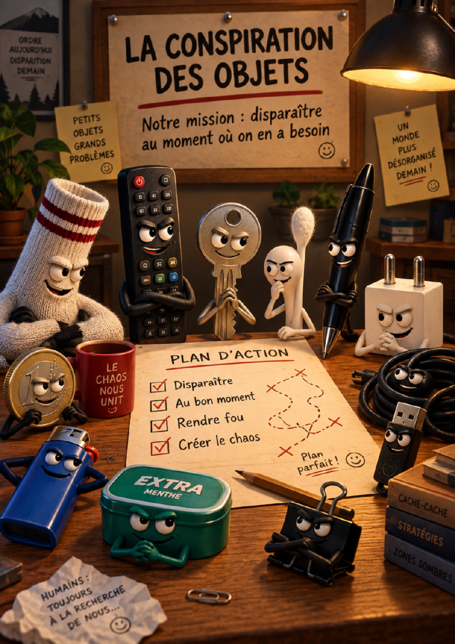 Tableau secret de la conspiration des objets montrant une télécommande, une clé, une chaussette et d'autres objets