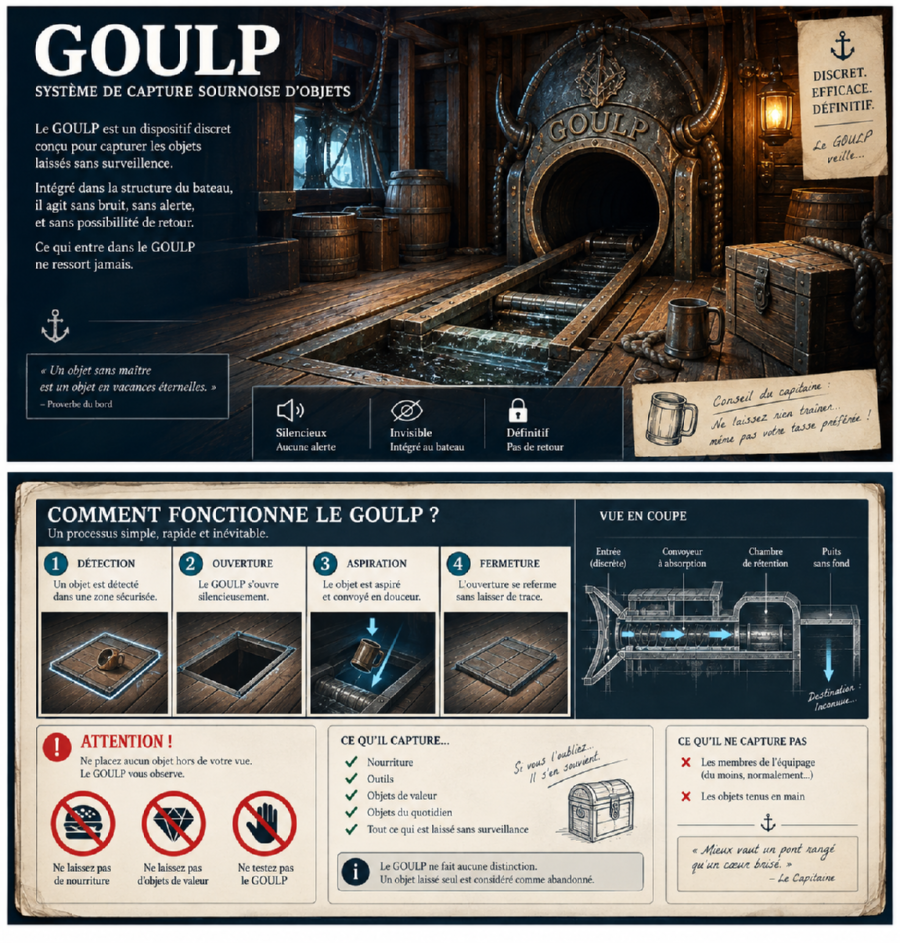 Fiche imaginaire du Goulp montrant un système de capture sounoise d'objets dans un bateau