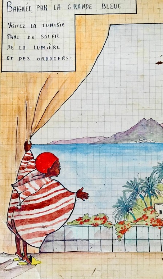 Aquarelle du cahier : une silhouette drapée de rayures rouges regarde la mer, sous le titre « Baignée par la grande bleue »