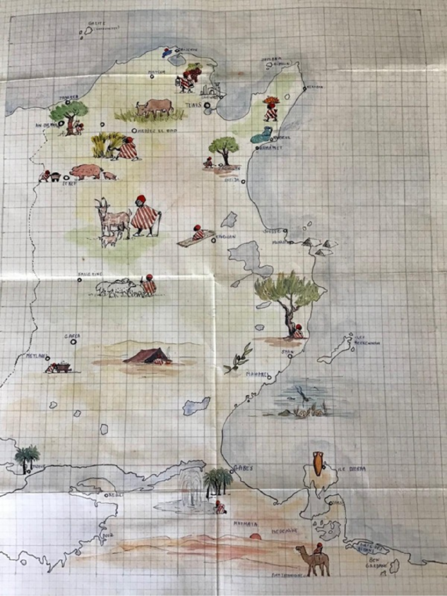 Carte de Tunisie dessinée et aquarellée à la main, semée de petites scènes : oliviers, troupeaux, tentes, dromadaires