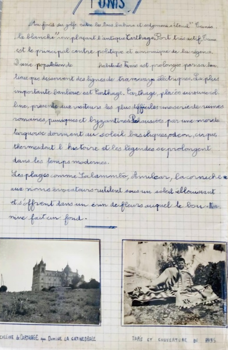 Page du cahier consacrée à Tunis, écrite à l'encre bleue, avec deux photographies collées