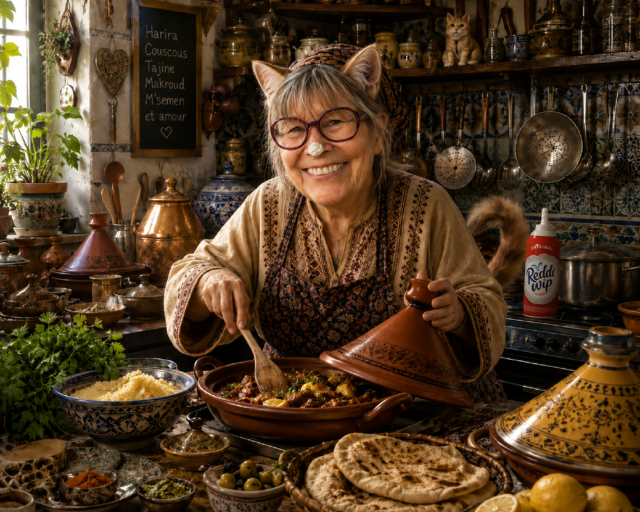 Une grand-mère à oreilles de chat prépare un tajine dans une cuisine tunisienne remplie de poteries