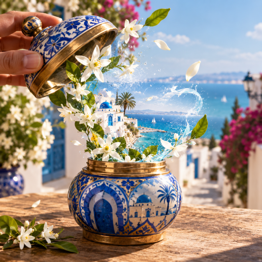 Un pot de Sidi Bou Said qui laisse echapper le jasmin et la mer