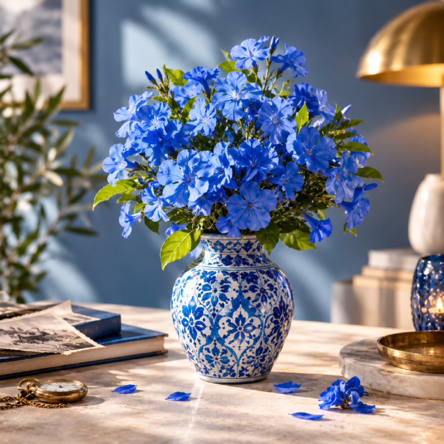 Un bouquet bleu dans un vase a decor tunisien