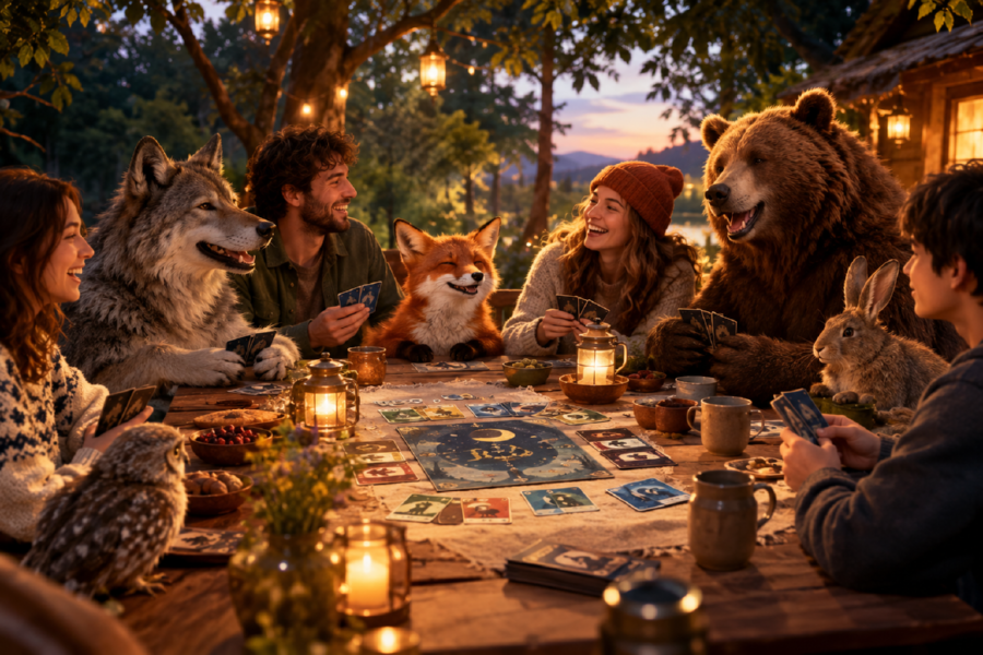 Une partie de cartes au crepuscule, entre humains et animaux