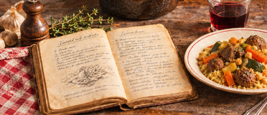 Un cahier de recettes manuscrit ouvert pres d’un couscous