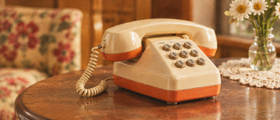 Un telephone a cadran creme et orange sur un gueridon