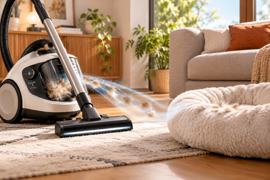 Un aspirateur silencieux au travail pres du panier de la chienne